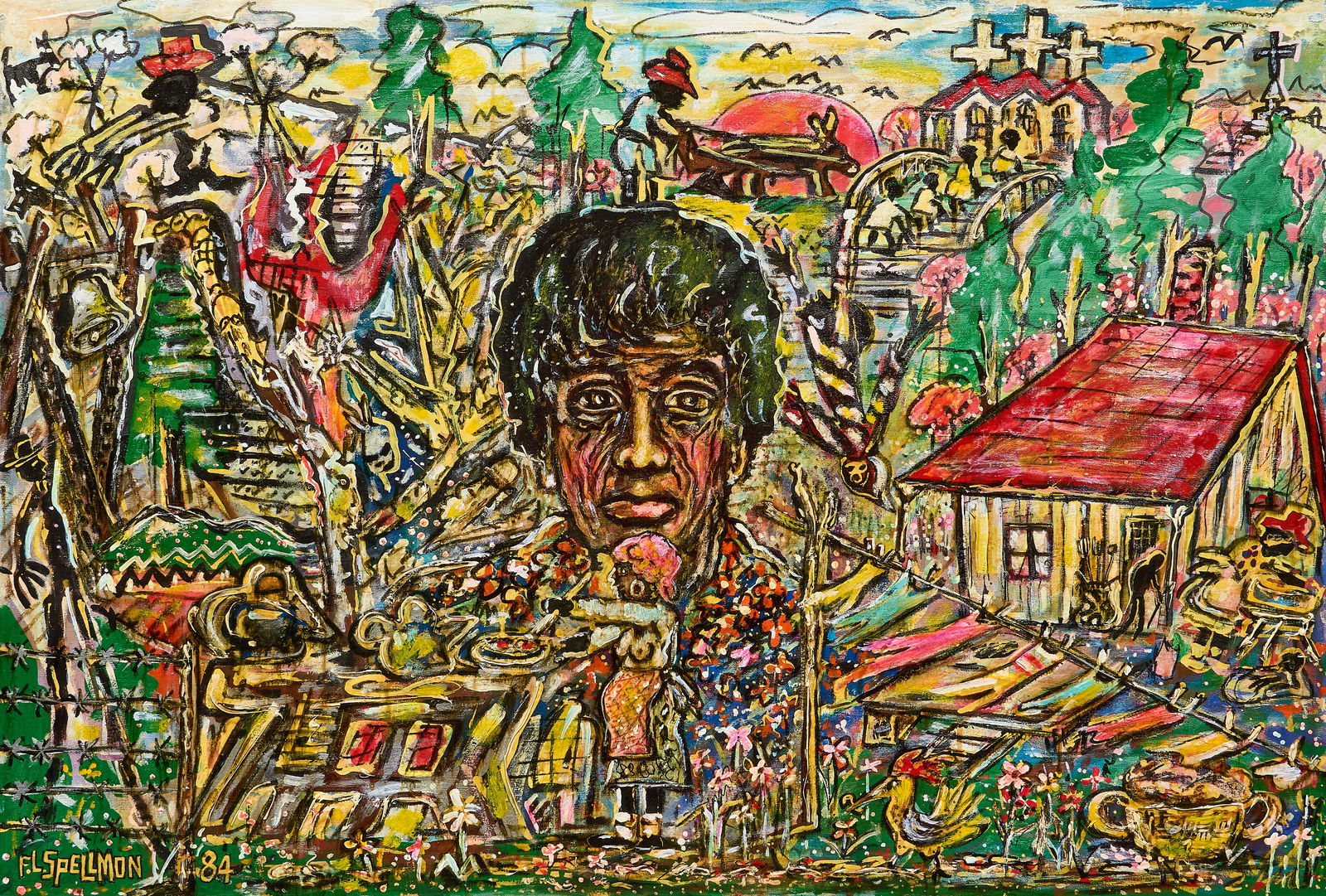F. L. "Doc" Spellmon, "Clementine Hunter's World": Fronzel Lincoln "Doc" Spellmon (Texas, 1925-2008), "Clementine Hunter's World", signed and dated lower left, 1984, acrylic and mixed media on canvas, with