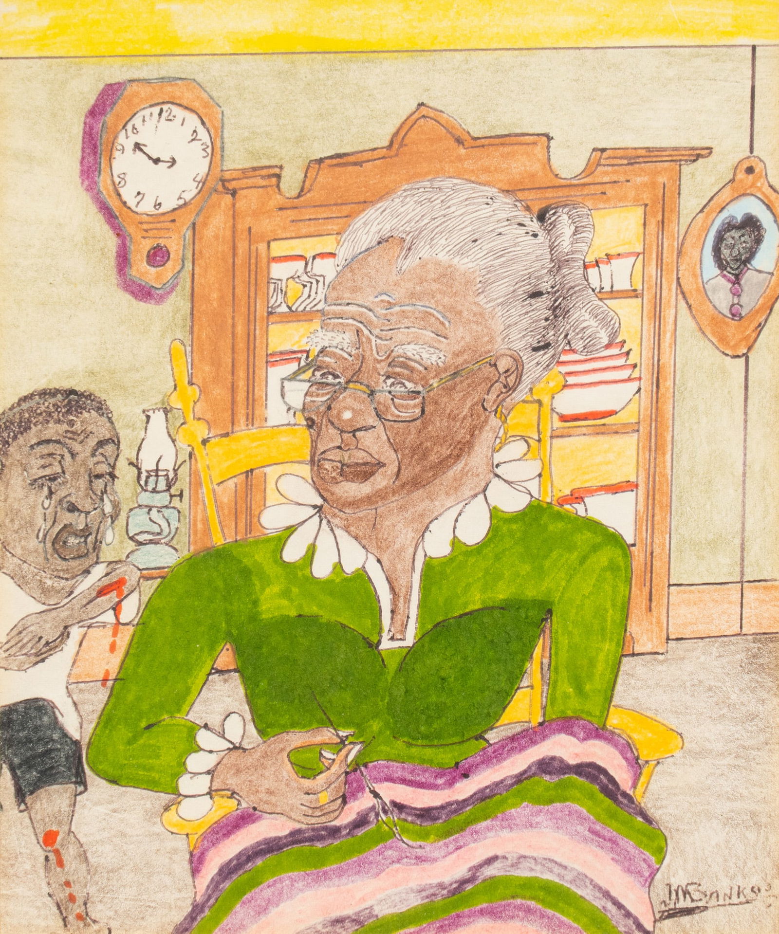 Johnny Banks, Grandmother and Child: John Willard Banks (Texas, 1912-1988), domestic scene of grandmother quilting, and child crying, colored pencil on paper, signed lower rightsight: 9 x 8 in., frame: 14 x 12 in.Provenance: