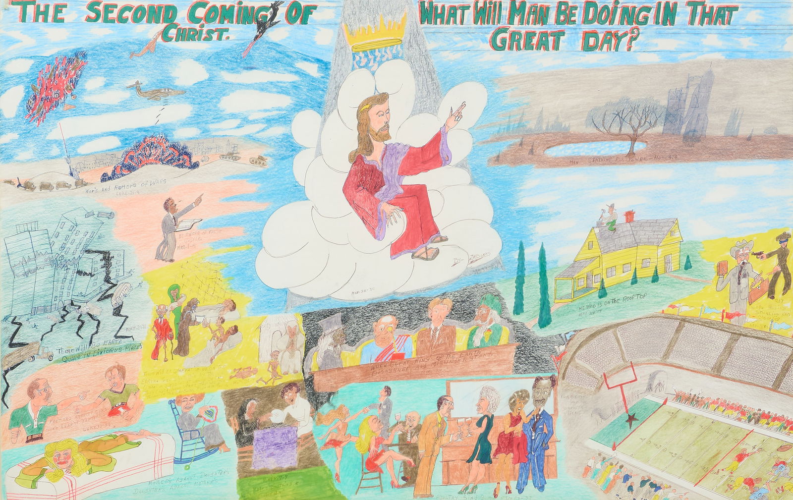 Johnny Banks, Christ's Second Coming: John Willard Banks (Texas, 1912-1988), scene of Christ's Second Coming, with scripture interspersed among vignette scenes, colored pencil, markers, and pen on posterboard, signed at