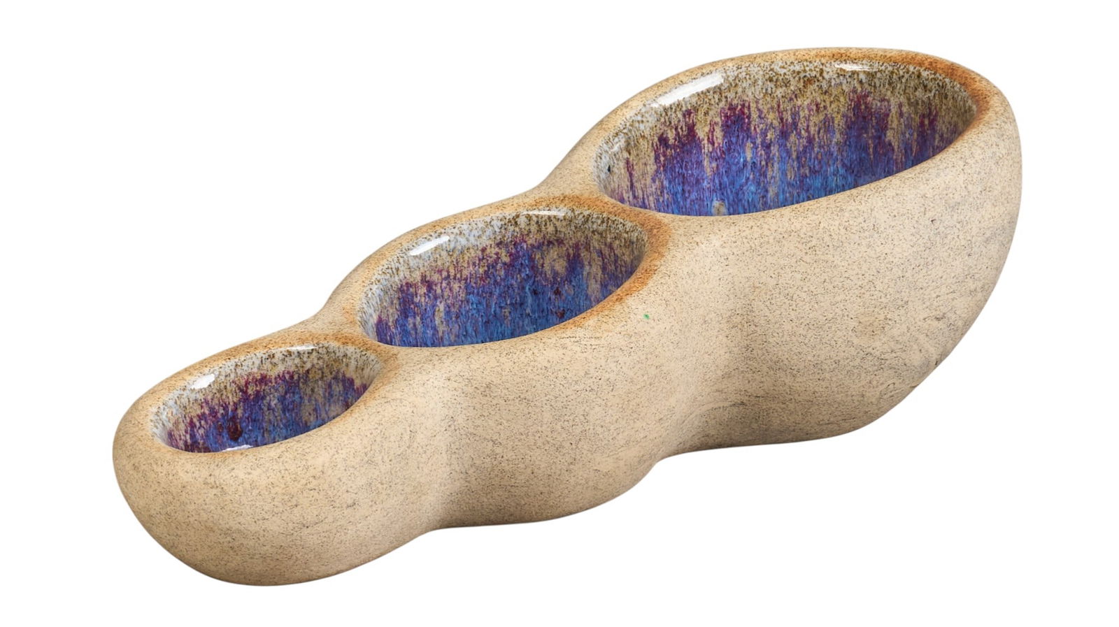 Harding Black, Triple Lobed Bowl, 1952: Harding Black (San Antonio, Texas, 1912-2004), three bowls in one continuous dish, fired ceramic, glazed to bowl interiors, incised signature and date on the underside, 1952height 4.5 in. x width 13