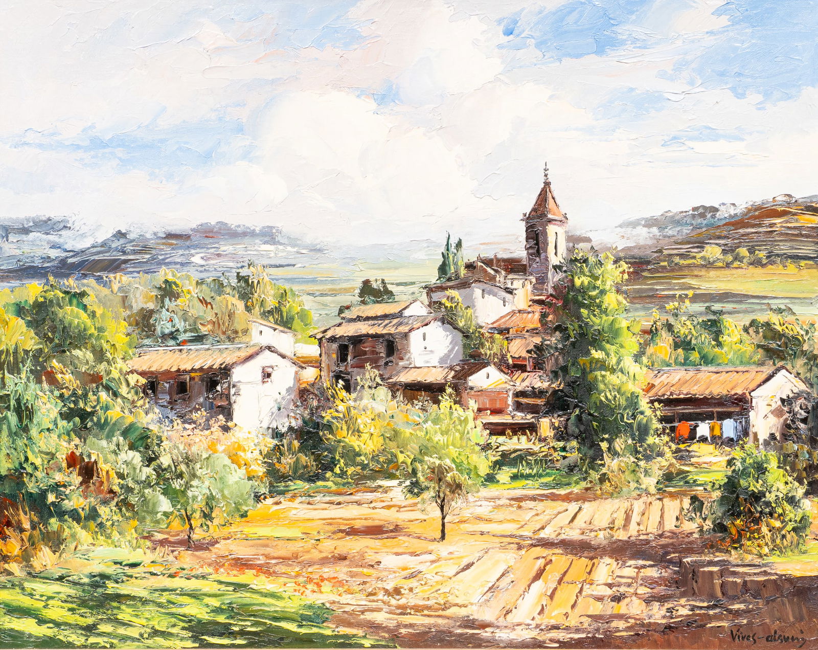 Jose Vives-Atsara, "Pueblo en Espana", 1967: Jose Vives-Atsara (Spain / San Antonio, Texas, 1919-2004), "Pueblo en Espana", oil on panel, 1967, signed lower right, inscribed on the verso with signature, title, date, medium, size,