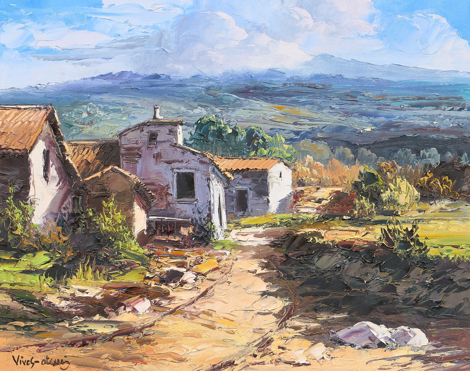 Jose Vives-Atsara, "Countryside", 1970: Jose Vives-Atsara (Spain / San Antonio, Texas, 1919-2004), "Countryside -- Catalonia, Spain", oil on canvas panel, inscribed on the verso with inventory code #MBBD, size,