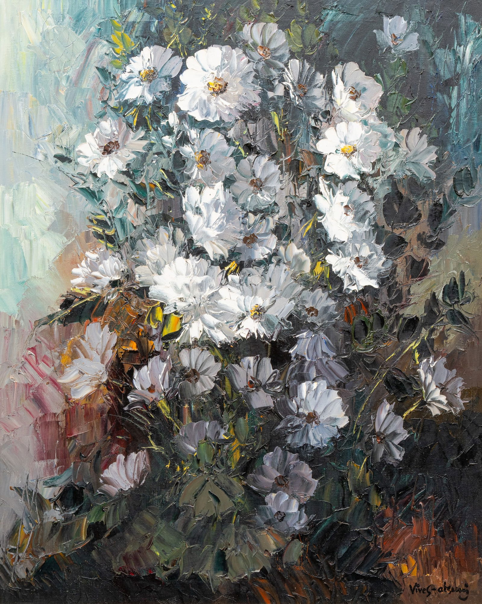 Jose Vives-Atsara, "White Flowers", 1968: Jose Vives-Atsara (Spain / San Antonio, Texas, 1919-2004), "White Flowers", oil on canvas, signed lower right, inscribed on the verso with signature, title, date (1968), and inventory