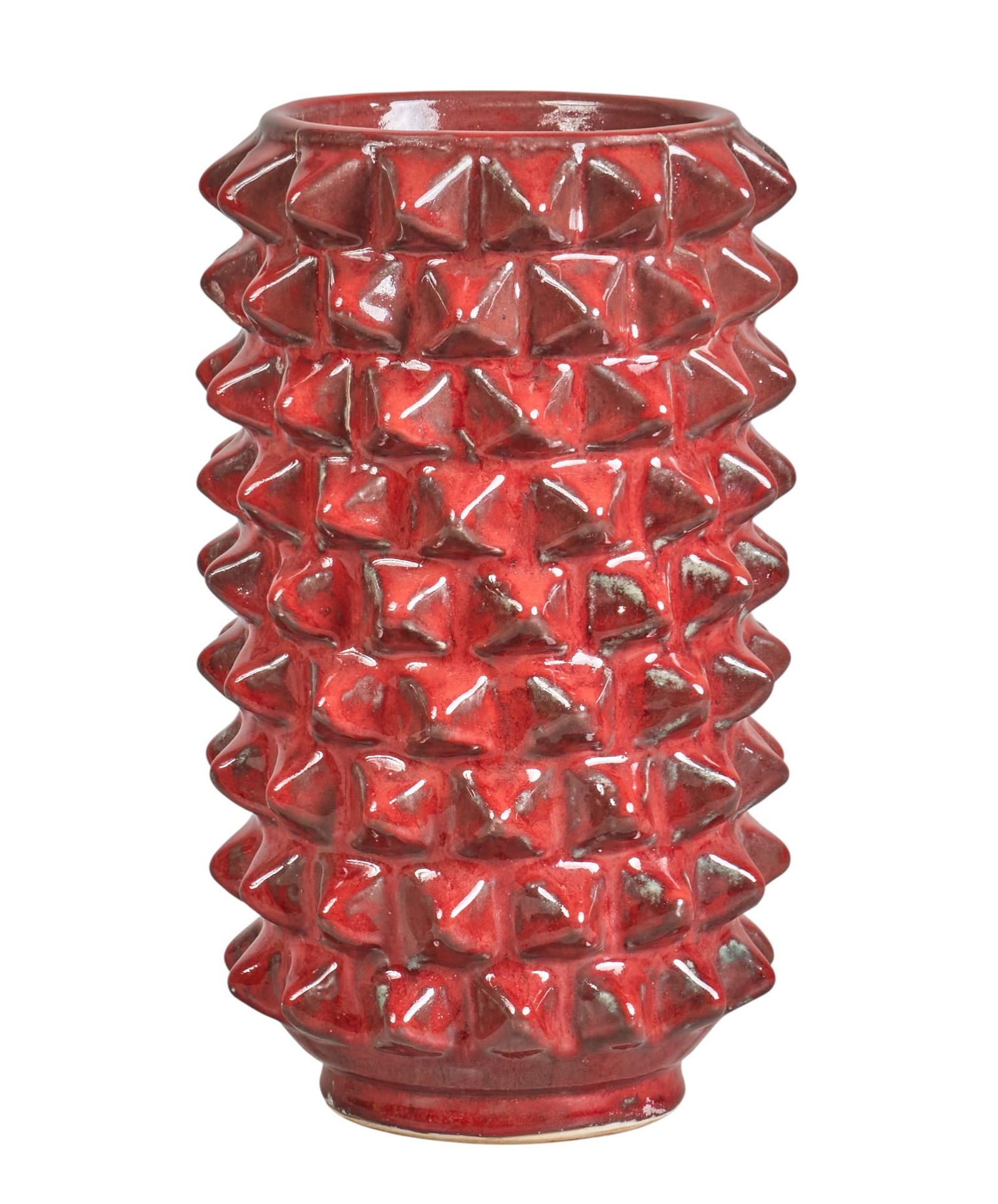 Harding Black, Studded Red Vase, 1978: Harding Black (San Antonio, Texas, 1912-2004), studded and geometric textured cylindrical vase, glazed and fired ceramic, incised signature and date on the underside, 1978height 12.5 in. x 7.5 in.