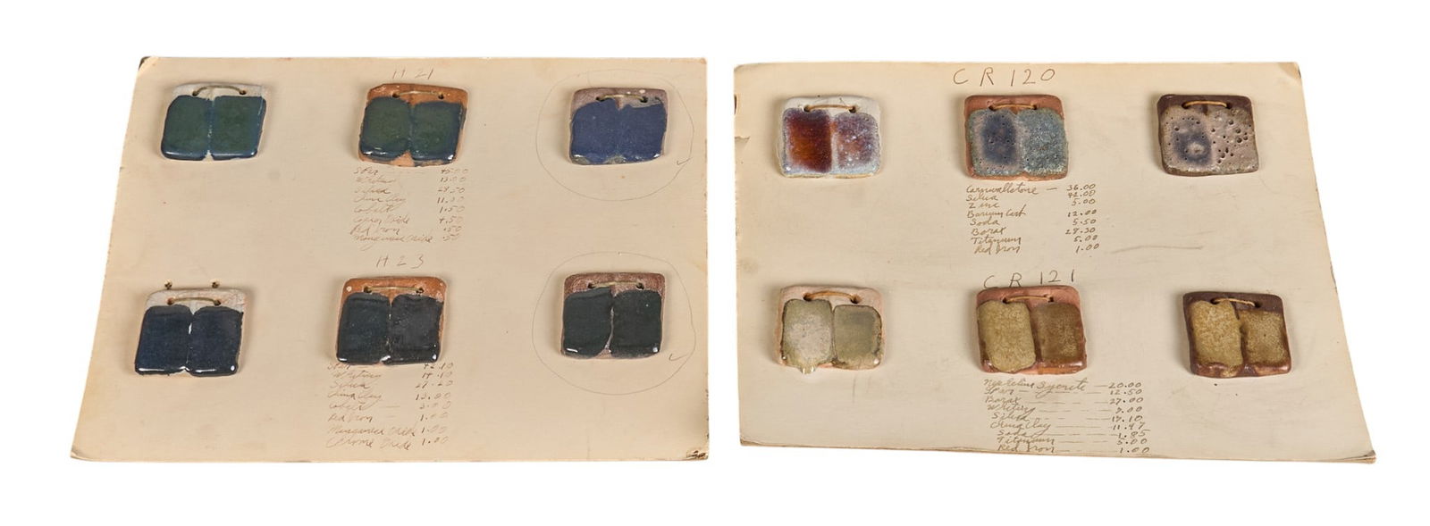 Harding Black, Glaze Recipes, ca. 1940s: Harding Black (San Antonio, Texas, 1912-2004), (2) cardstock sheets with glaze sample tiles sewn onto them, with glaze ingredients written by Harding Black, with glaze codesheight 9.5 in. x width 12