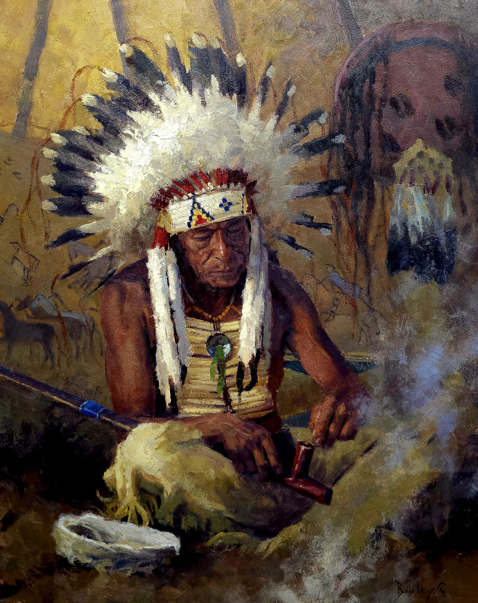 Brandon Bailey, "He Talks to the Smoke": Brandon Bailey, "He Talks to the Smoke", oil 16 x 20 in., framed dimensions: 20 x 24 in. Brandon Bailey, born in Cheyenne, Wyoming, is a western and wildlife artist