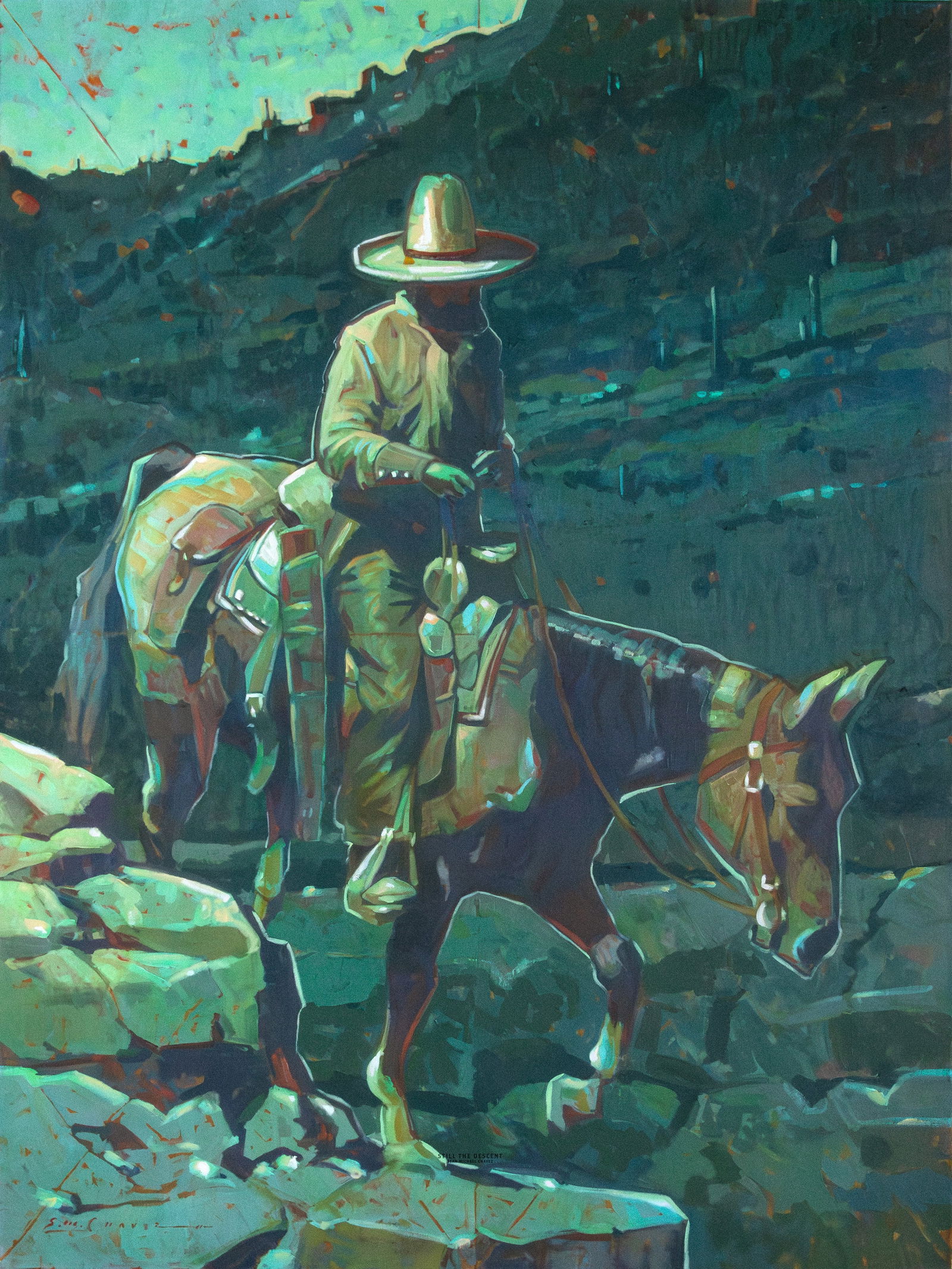 Sean Michael Chavez, "Still The Descent": Sean Michael Chavez, "Still The Descent", oil on canvas 40 x 30 in. One of the hottest rising stars in Western art today. Still reasonably priced and consistently selling