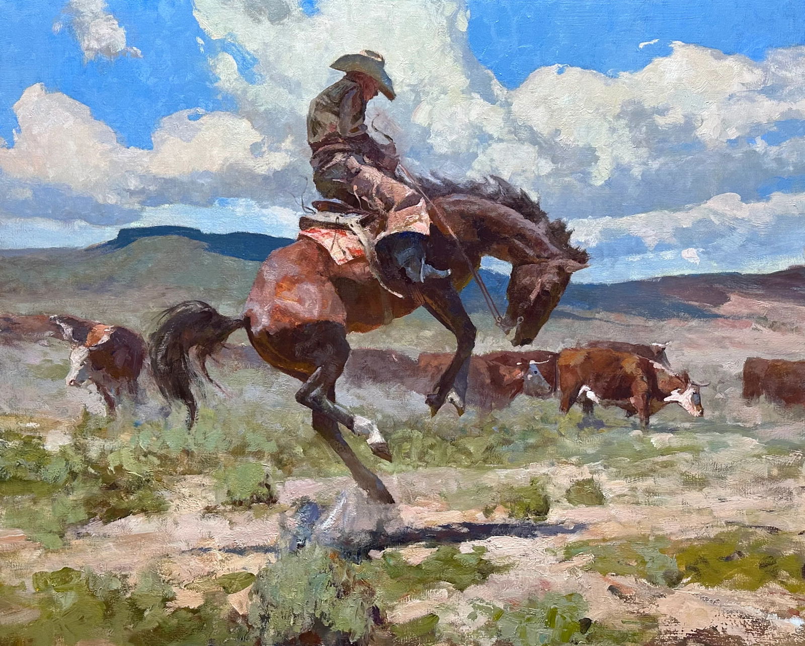 Grant Redden, "Hair Trigger": Grant Redden, "Hair Trigger", oil on panel 24 x 30 in., framed dimensions: 29 x 35 in. A classic bucking bronc scene set against a dramatic cloudscape. It stands among the most