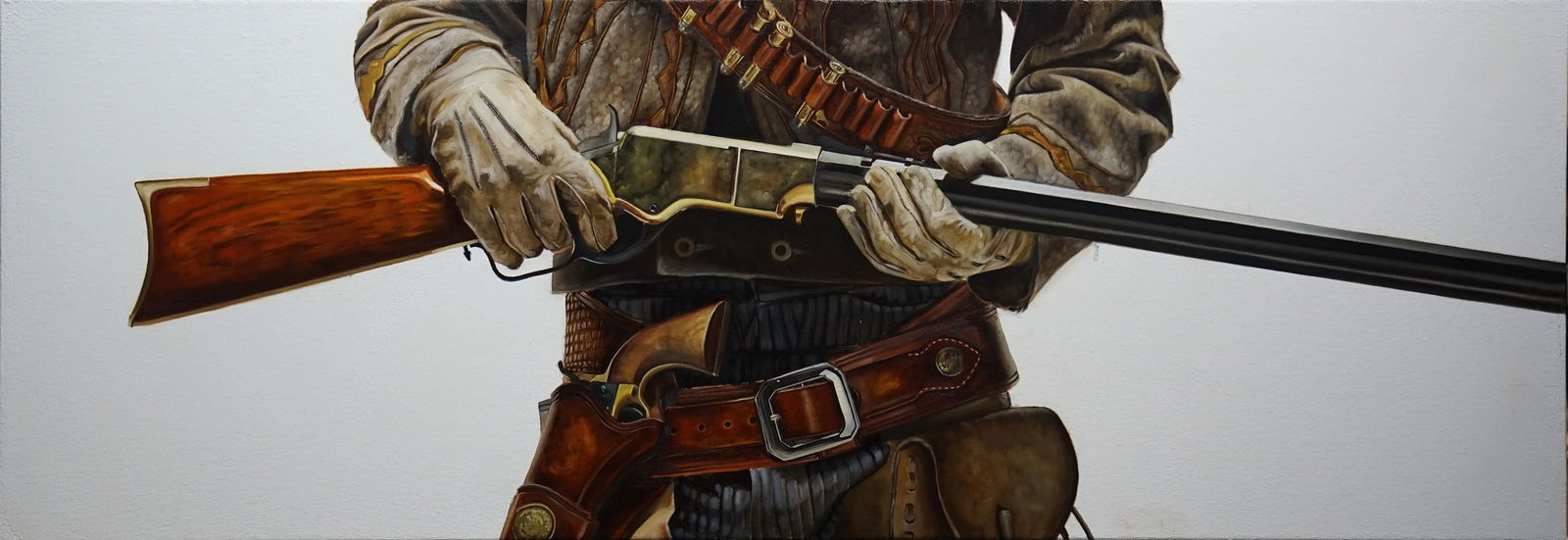 Andrew Roda, "Say When": Andrew Roda, "Say When", oil on canvas 14 x 40 in. A bold 40-inch-wide statement piece from a rising artist. Strong, masculine, and full of narrative suggestion, it carries