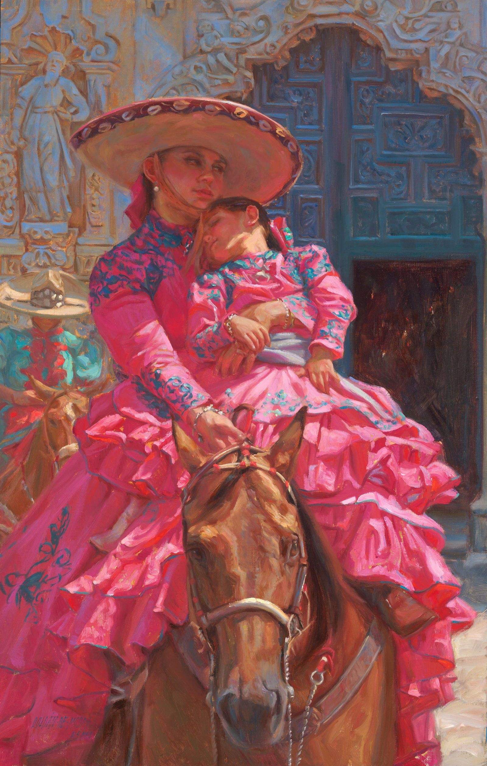 Gladys Roldán-de-Moras, "Guardians of Tradition": Gladys Roldán-de-Moras, "Guardians of Tradition", oil on Belgian linen 50 x 35.5 in. Colorful and tender, framed against spectacular architecture. This piece is sure to be