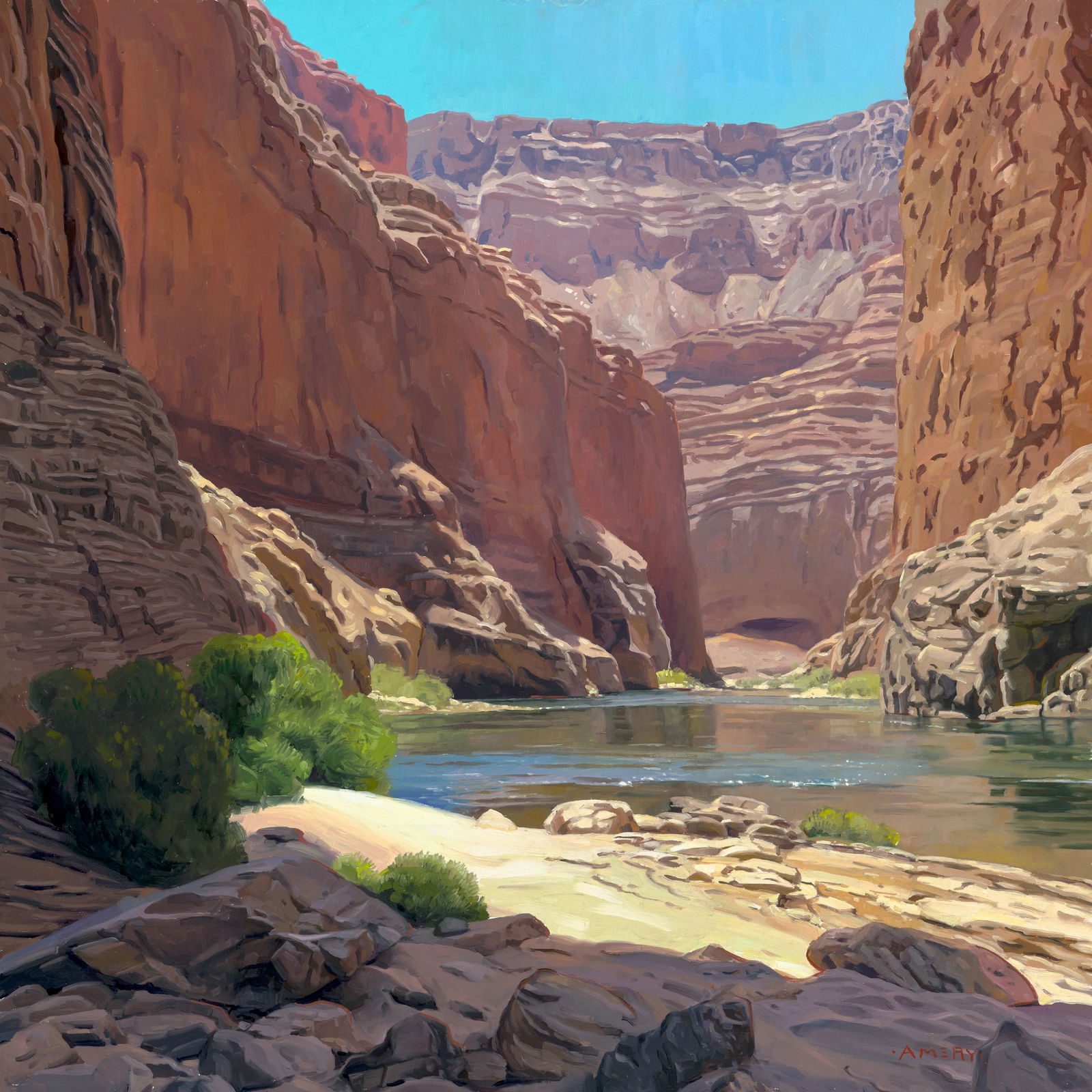 Amery Bohling, "A Respite Along the Great Unknown": Amery Bohling, "A Respite Along the Great Unknown", oil on linen 24 x 24 in. A spectacular Grand Canyon scene with a wonderful title to match. Certain to appeal to canyon lovers