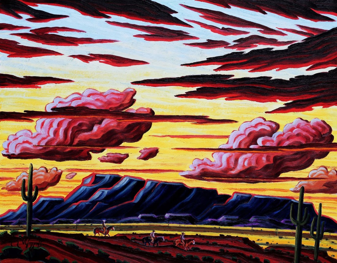 Kim Wiggins, "Arizona Dusk": Kim Wiggins, "Arizona Dusk", oil on panel 11 x 14 in. One of this year’s panelists, Kim presents a sunset scene filled with spectacular color. Well known to our