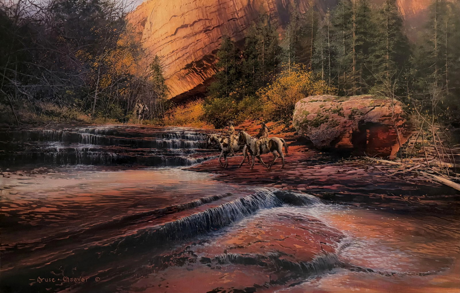 Bruce Cheever, "Crimson Cascade": Bruce Cheever, "Crimson Cascade", oil on linen board 23 x 36 in., Framed Dimensions: 33 x 46 in. In this spectacular scene, Cheever employs his rich color palette to tell an