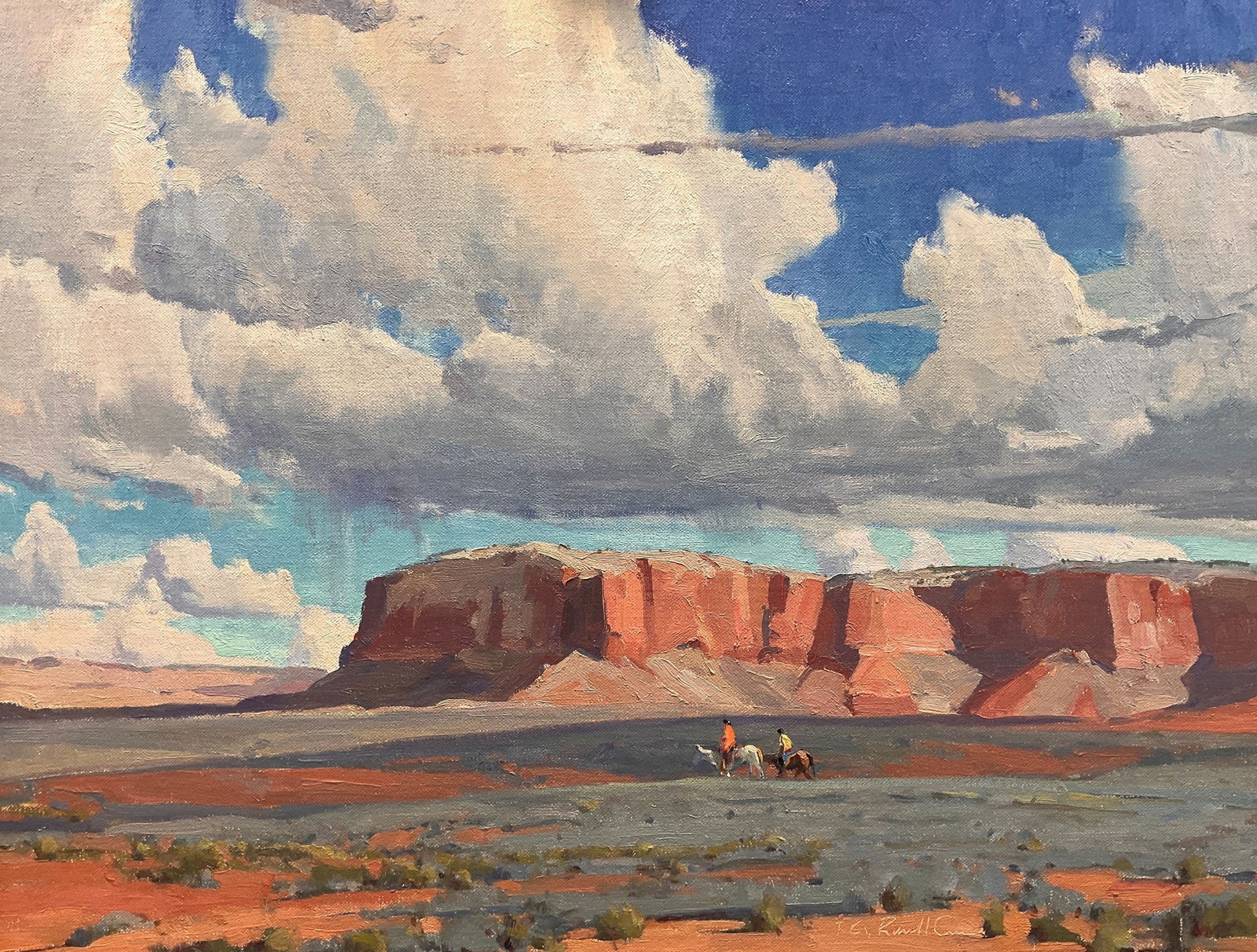 G. Russell Case, "Big Skies": G. Russell Case, "Big Skies", oil on linen board 16 x 20 in. Working in the tradition reminiscent of Edgar Payne, Russell captures the compelling geography and vast atmos