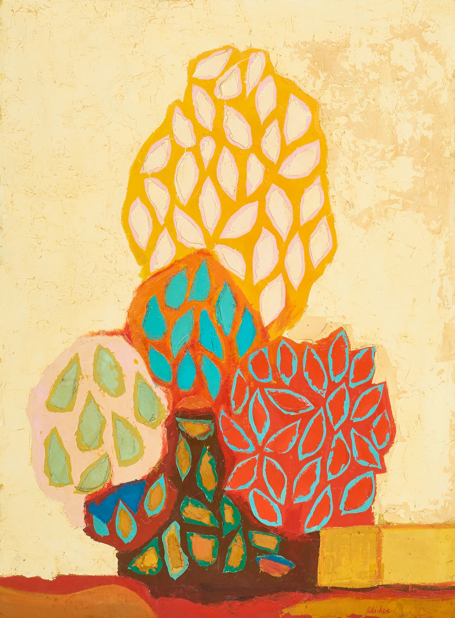 David Adickes, Abstract Trees: David Pryor Adickes (Texas, 1927-2025), colorful abstract tree or flower forms, oil on wood panel, signed lower right, with DuBose Gallery (Houston, Texas) label on the versosight: 48 x 36 in.,