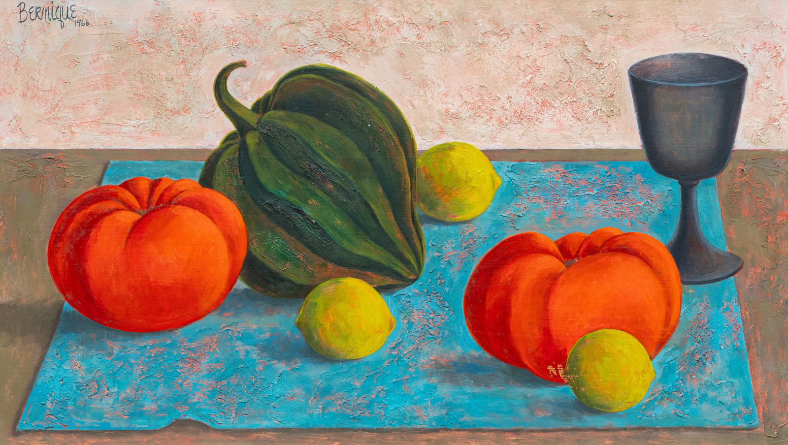 Bernique Longley, Still Life, 1966: Bernique Mae Wilderson Longley (New Mexico / Illinois, 1923-1999), still life with tomatoes, squash, lemons, and silver goblet, oil on masonite, signed and dated upper left, 1966sight: 12 x 20