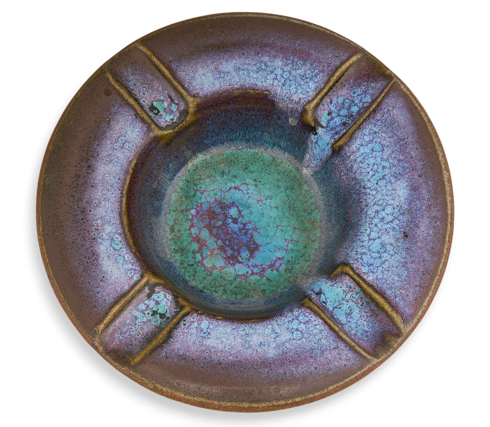 Harding Black, Ashtray, 1959: Harding Black (San Antonio, Texas, 1912-2004), purple and green ashtray, glazed interior, and fired ceramic, incised signature and date on the underside, 1959, incised glaze code DHCheight 2.5 in. x