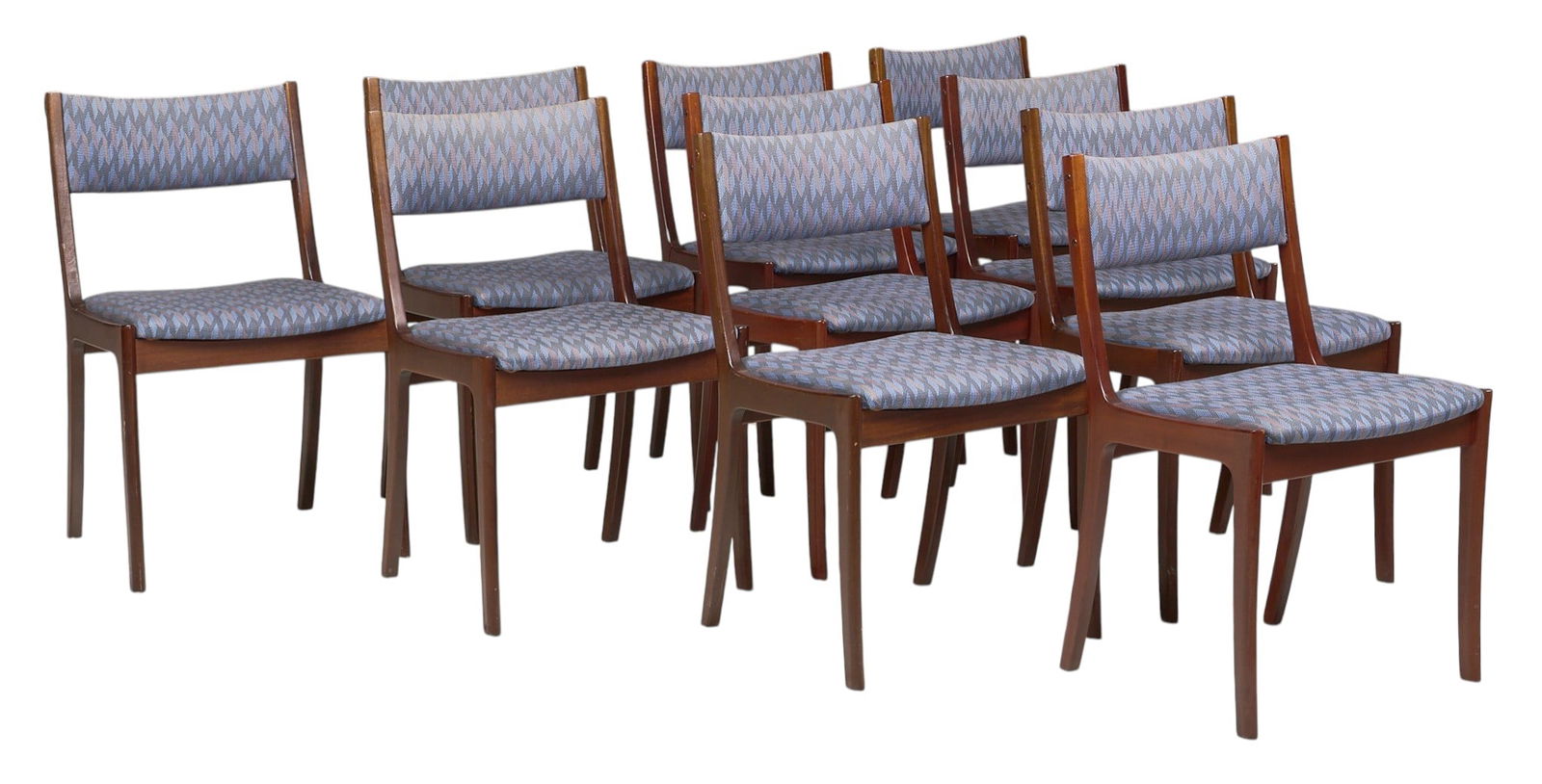 Set of (10) Danish Mid-Century Dining Chairs: Set of ten Danish mid-century dining chairs with blue patterned fabric upholstery on seat and backrest, supported on thin block legsheight 31 in. x width 19 in. x depth 17 in. / each 