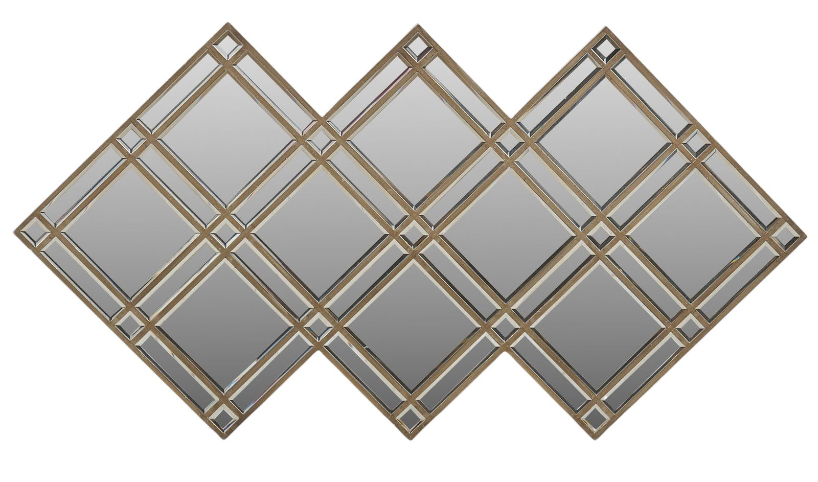 Geometric Beveled Wall Mirror: Wall mirror featuring three conjoined diamond shapes with beveled edges and a geometric overlay designheight 25 in. x width 47 in. x depth 1 in.Provenance: Property from the Dominion home of a