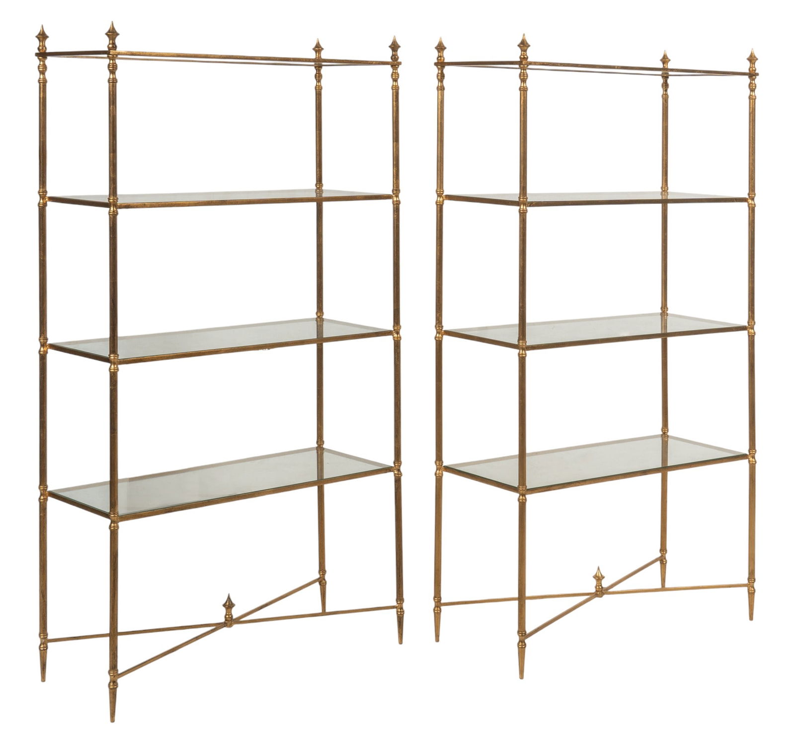 Pair of Metal & Glass Display Shelves: Pair of display shelf racks, each with a gold painted metal frame and three glass shelvesheight 62 in. x width 34 in x depth 14 in. / eachProvenance: Property from the Dominion home of a