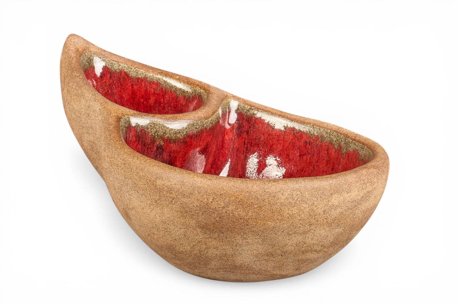 Harding Black, Double Lobed Bowl, 1951: Harding Black (San Antonio, Texas, 1912-2004), two bowls in one continuous dish, fired ceramic, red glaze to bowl interiors, incised signature and date on the underside, 1951height 7.5 in. x