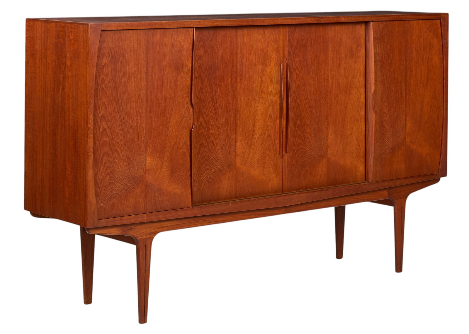 Danish Mid-Century Credenza: Danish mid-century credenza with four sliding doors opening to shelved storage on left and right sides, and middle section with mirrored bar and six flatware drawers, and interior lighting system,