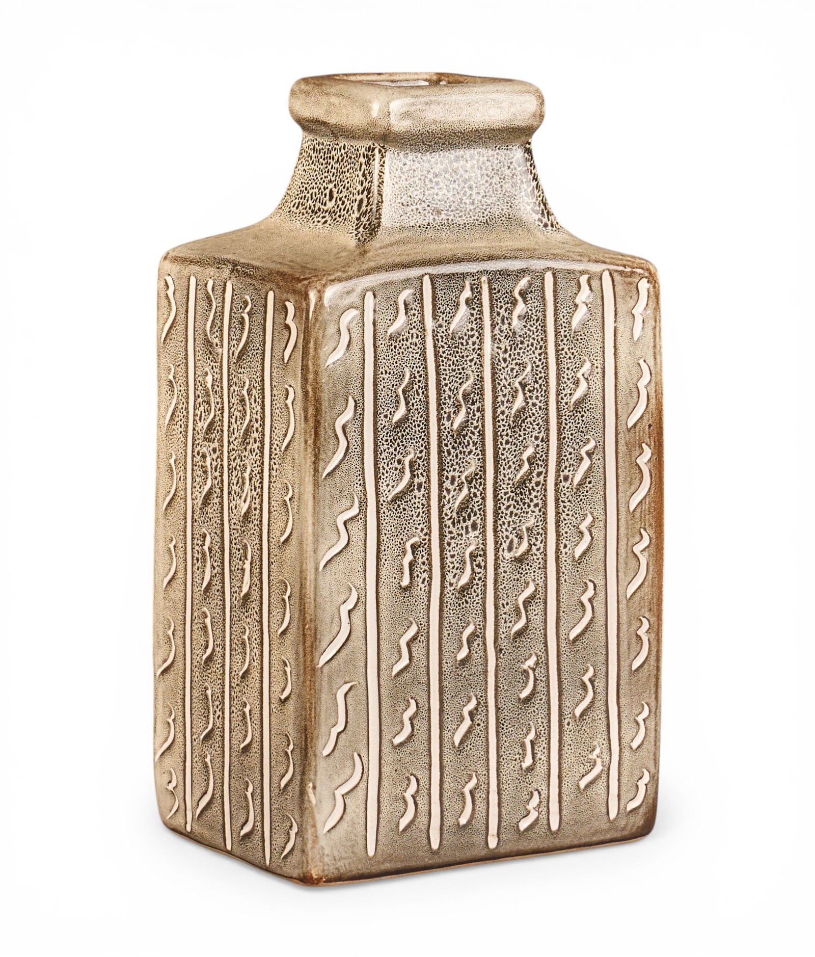 Harding Black, Textured Vase, 1953: Harding Black (San Antonio, Texas, 1912-2004), textured vessel with rectangular body, primarily brown and white, fired ceramic, incised signature and date on the underside, 1953 height 13 in. x w