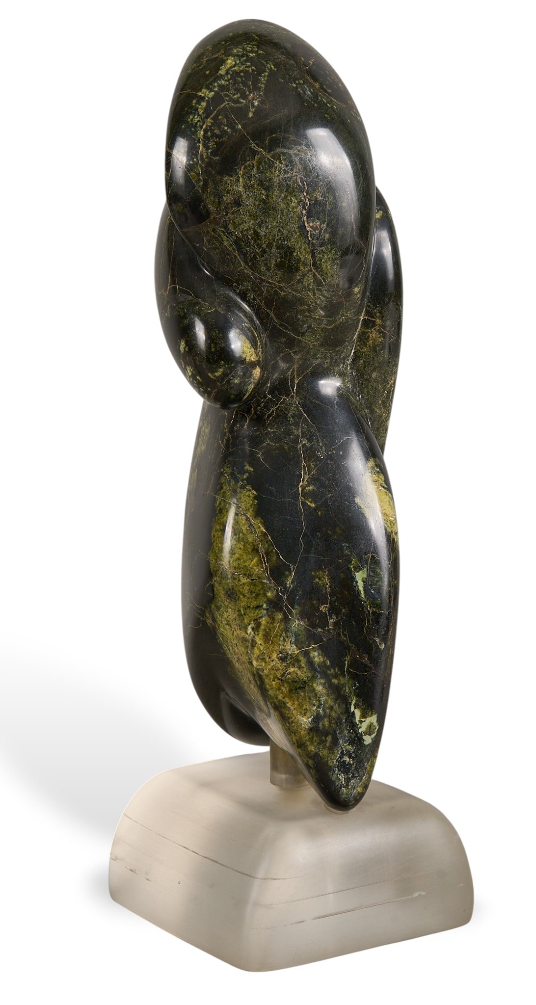 Zoltan Borbereki, Carved Stone Sculpture, 1974: Zoltan Borbereki (Hungary / South Africa, 1907-1992), abstract sculpture, potentially female torso, carved semi-precious stone (likely verdite or serpentine) atop laminated plexiglass base, incis