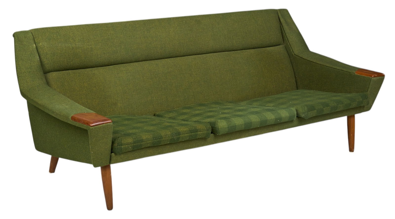 Danish Mid-Century Sofa: Danish mid-century sofa with green fabric upholstery, and thin, non-original seat cushions, supported on pin legs height 28 in. x width 73 in. x depth 30 in. 