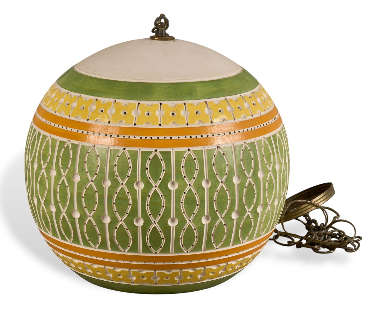 Beaumont Mood Ceramic Pendant Chandelier: Beaumont Mood (San Antonio, Texas) glazed ceramic chandelier with spherical shape, single-bulb fixture, and hanging chain height 15 in. x width 14.5 in. x depth 14.5 in. Provenance: