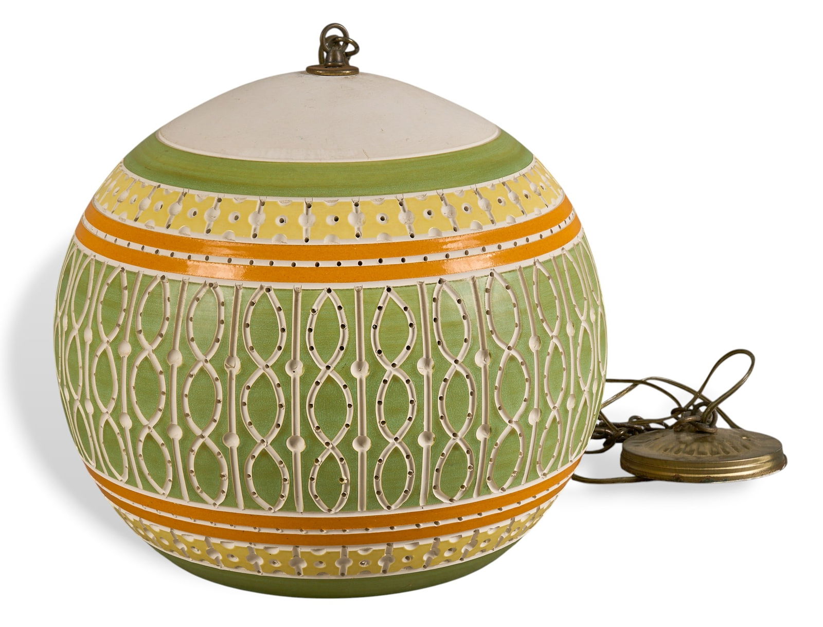 Beaumont Mood Ceramic Pendant Chandelier: Beaumont Mood (San Antonio, Texas) glazed ceramic chandelier with spherical shape, single-bulb fixture, and hanging chain height 15 in. x width 13.5 in. x depth 13.5 in. Provenance: