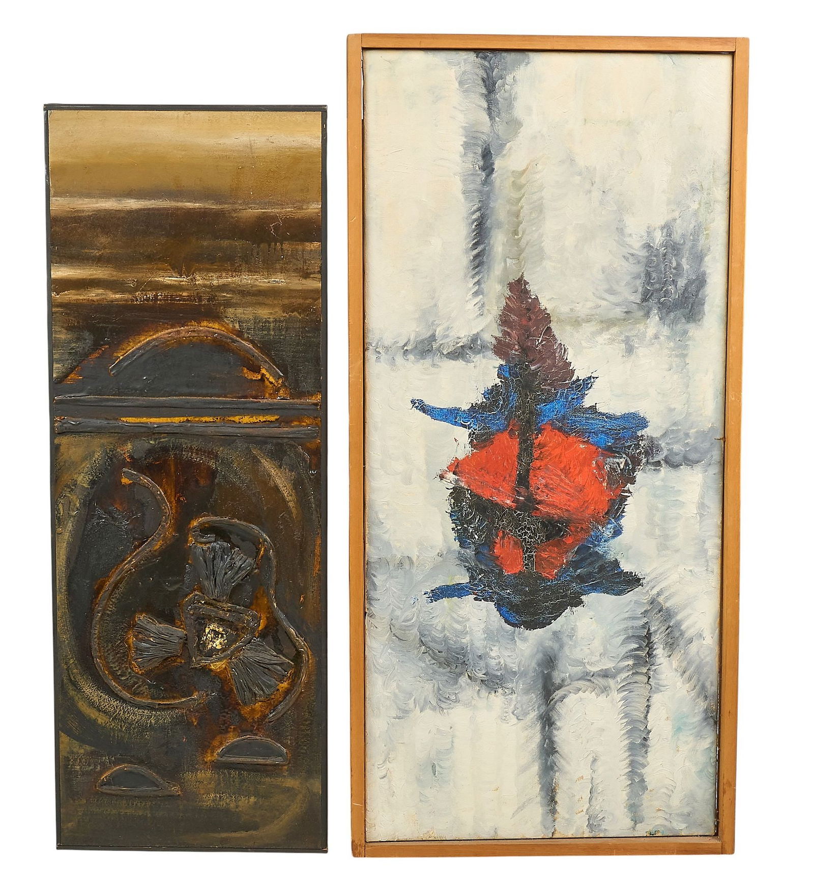 Pair of Mid-Century Abstract Mixed Media Works: Pair of Danish mid-century framed mixed-media worksheight 53.5 in. x width 25.5 in. x depth 2 in. / largest