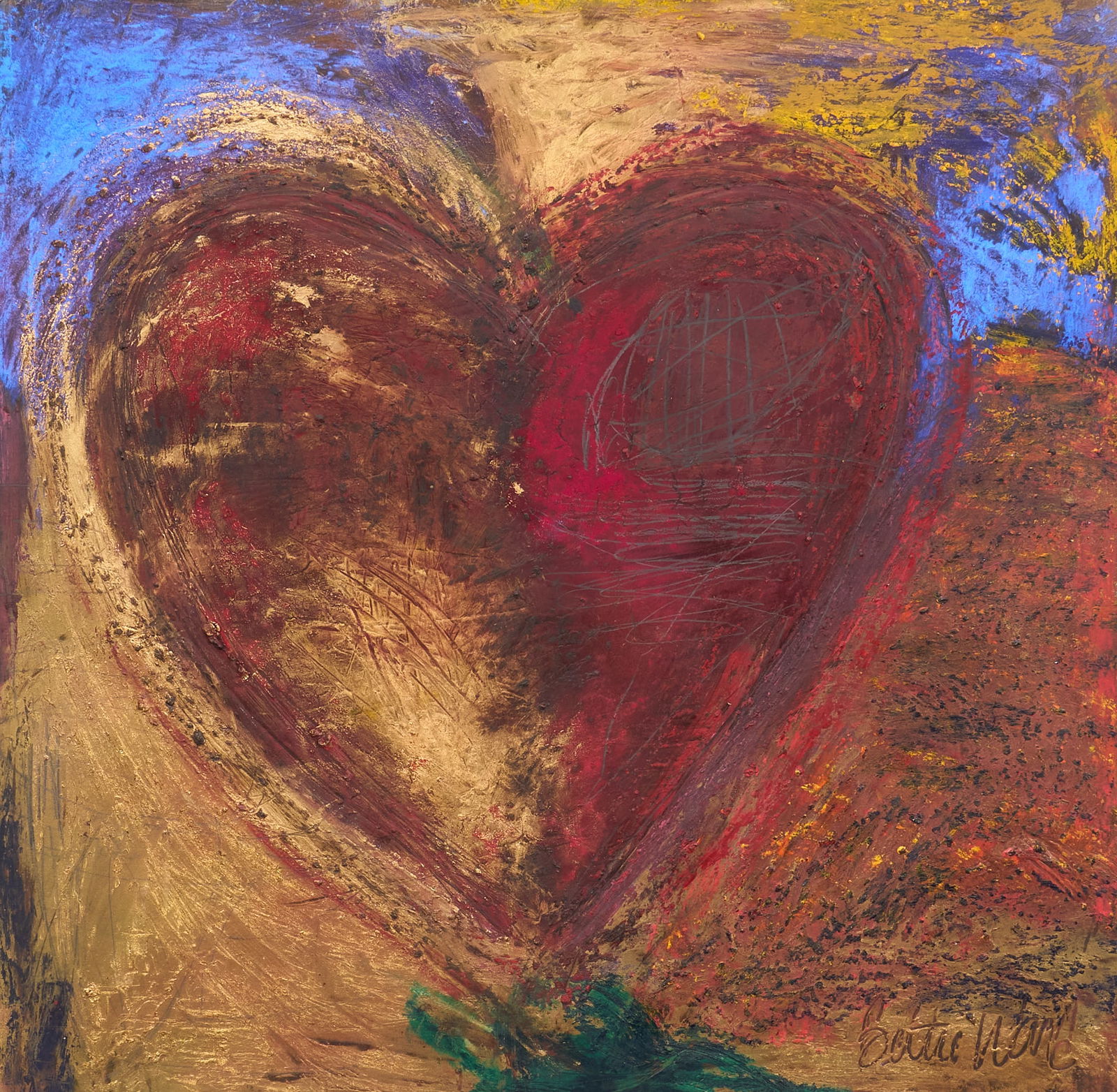 Bettie Ward, Heart Composition: Bettie Ward (Texas / New Mexico, b. 1947), large abstract heart composition, mixed media and oil on paper, signed lower right sheet: 29.5 x 30 in., frame: 41.5 x 42 in. Provenance: Property