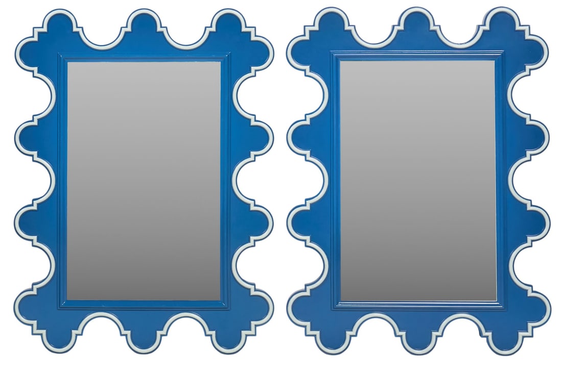 Pair of Oomph Mirrors: Pair of Oomph mirrors in decorative blue and white framesheight 42 in. x width 31 in. x depth 1.5 in. / each Provenance: Property from a home in San Antonio, Texas