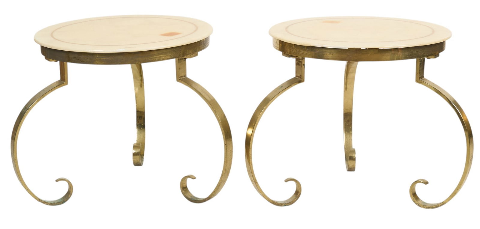 Arturo Pani for Muller of Mexico Brass & Onyx Tables: Pair of Arturo Pani for Muller of Mexico side tables, with brass bases, curved legs, and onyx tops, marked on underside height 22 in. x width 29 in. x depth 28 in. Provenance: Property