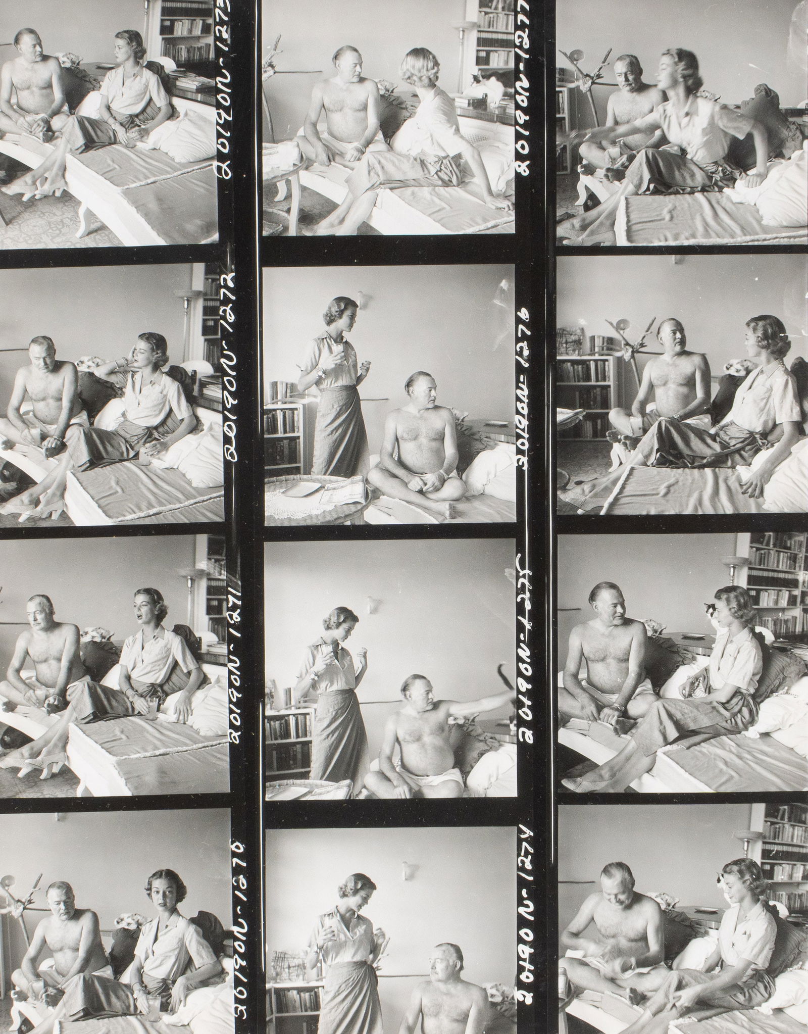 Hemingway Photoshoot for Vogue, 1952: Three contact sheets framed together from a sitting for Vogue Magazine in 1952, by photographer Clifford Coffin (Amer., 1913-1972); "original" photographs, meaning silver gelatin