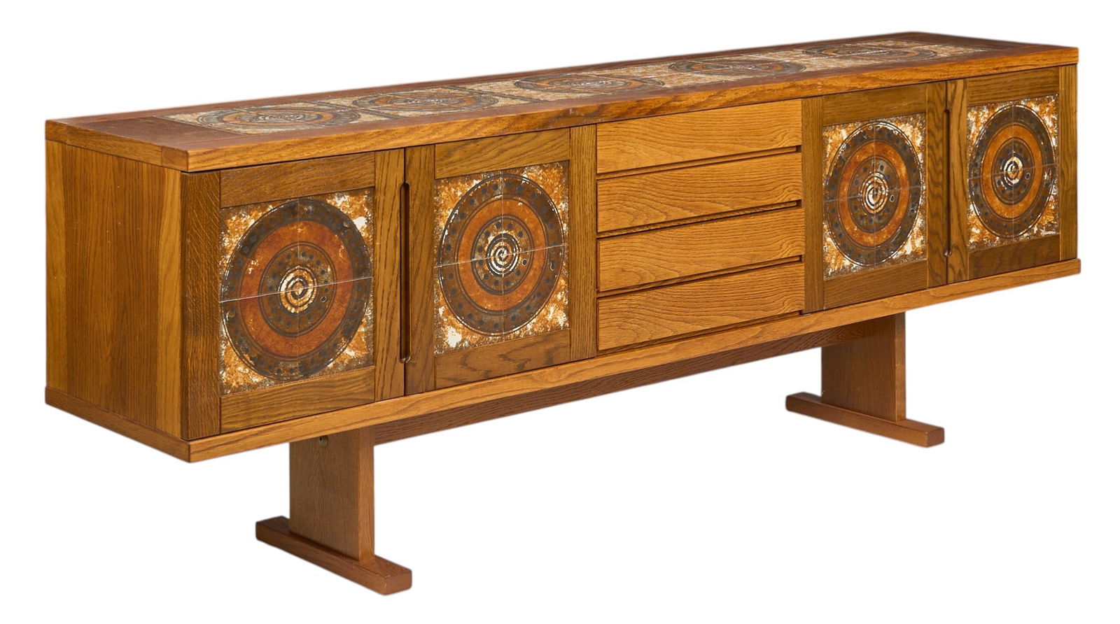 Inlaid Mid-Century Bookcase: Mid-century credenza with ceramic tile inlay, featuring two pairs of cabinet doors, and four flush drawers, supported on trestle legs, signedheight 30 in. x width 84.5 in. x depth 18 in. 