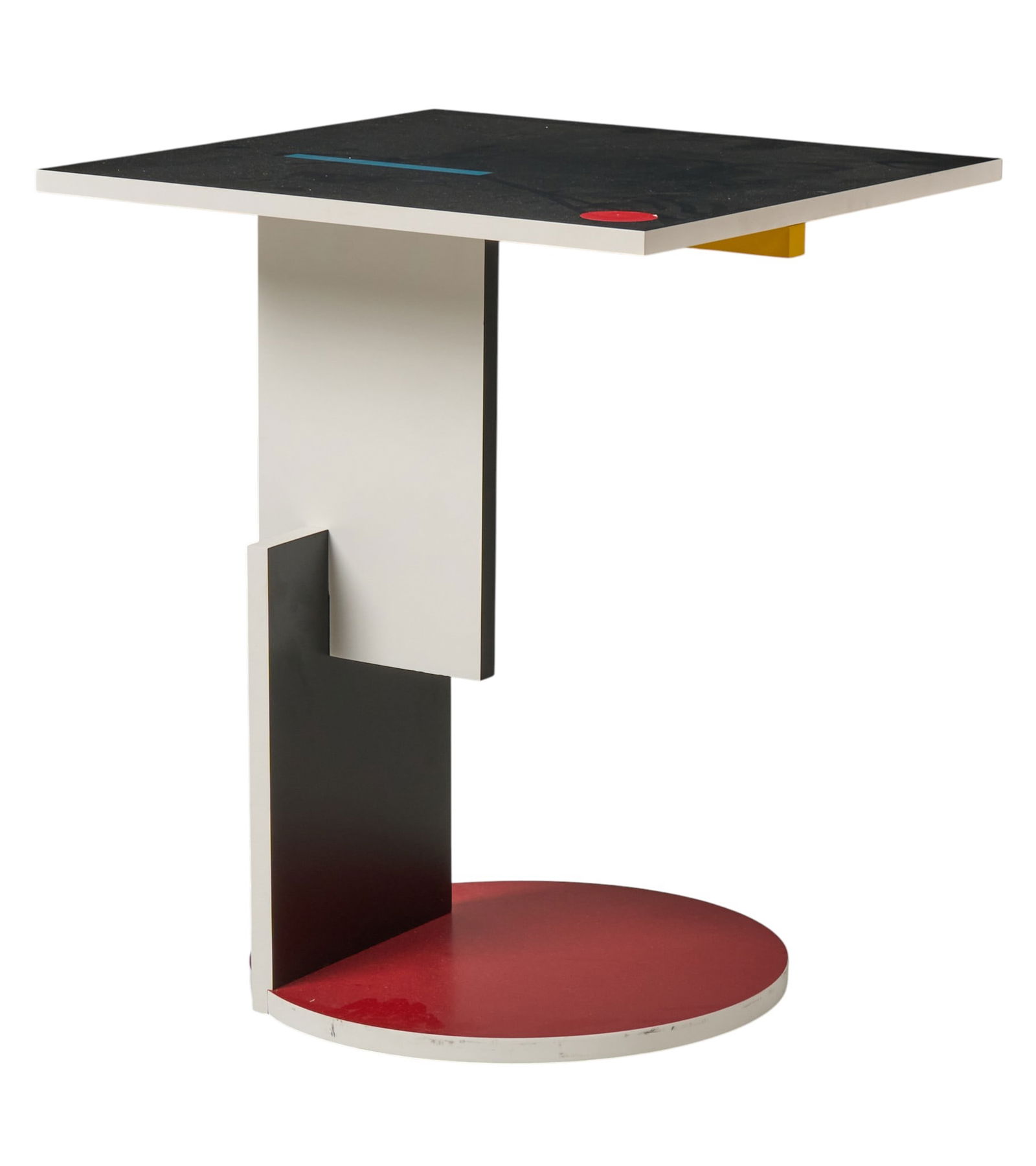 Attrib. Gerrit Rietveld, Occasional table: Attributed to Gerrit Reitveld (1888-1964, Netherlands) modern style occasional table, with lacquered and laminated wooden construction, and applied red sticker that is unoriginal to table, circa late