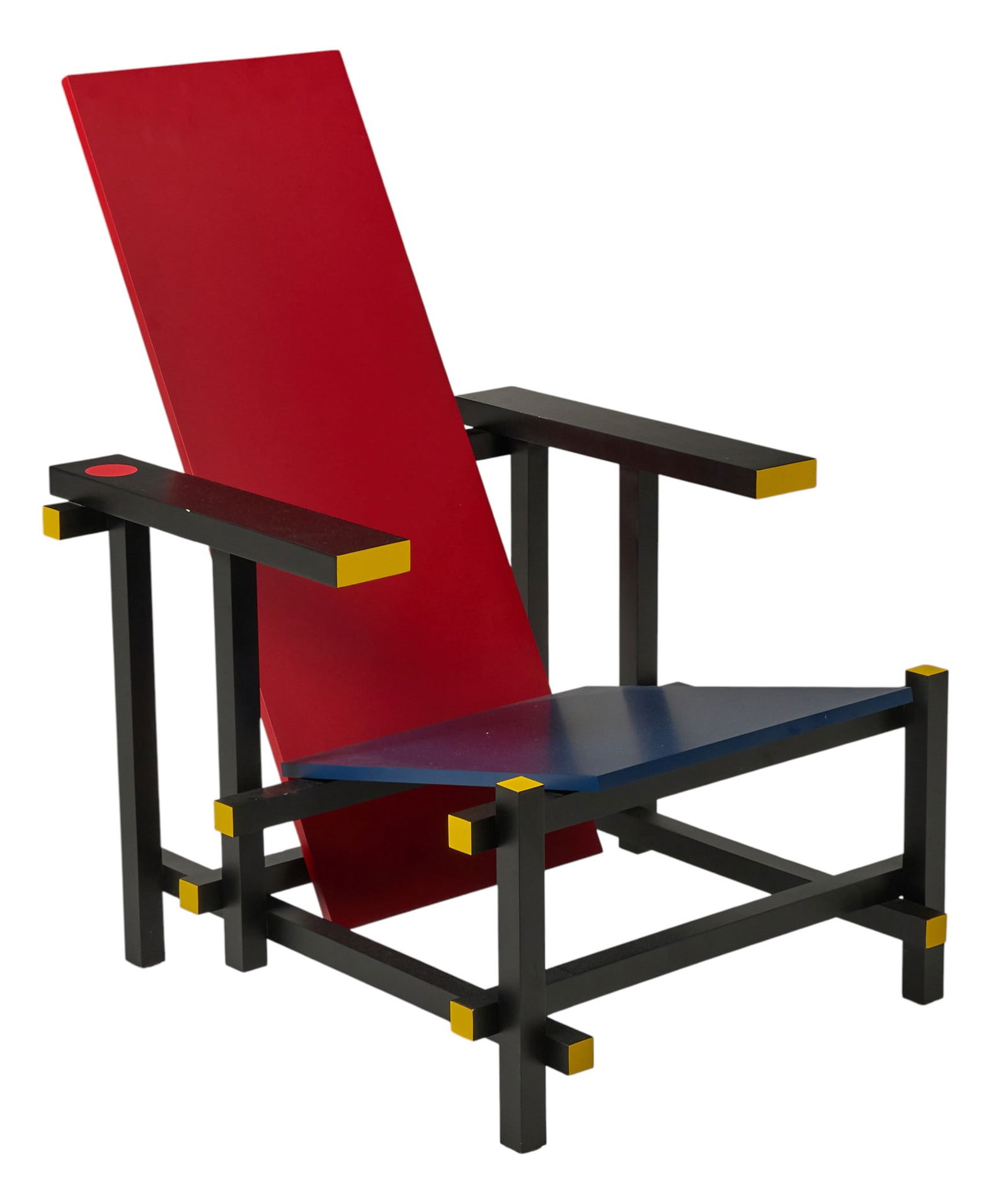 Attrib. Gerrit Reitveld, Red Blue Chair: Attributed to Gerrit Reitveld (1888-1964, Netherlands) modern style Red Blue chair, with lacquered and laminated wooden construction, circa late 1980s height 34 in. x wdith 26 in. x depth 33