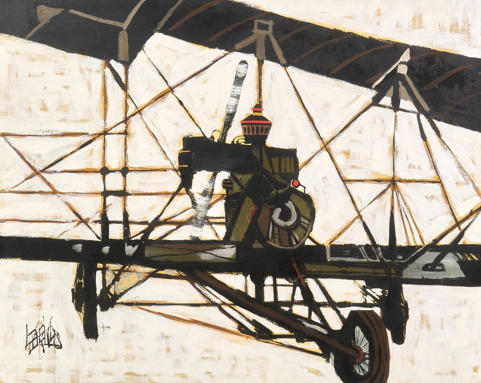 Lee Reynolds, Abstract Airplane Scene: Lee Reynolds (California, 1936-2017), abstracted composition with vintage airplane, oil on canvas, signed lower left sight: 48 x 60 in., frame: 49 x 61 in. Provenance: Property from a home in San