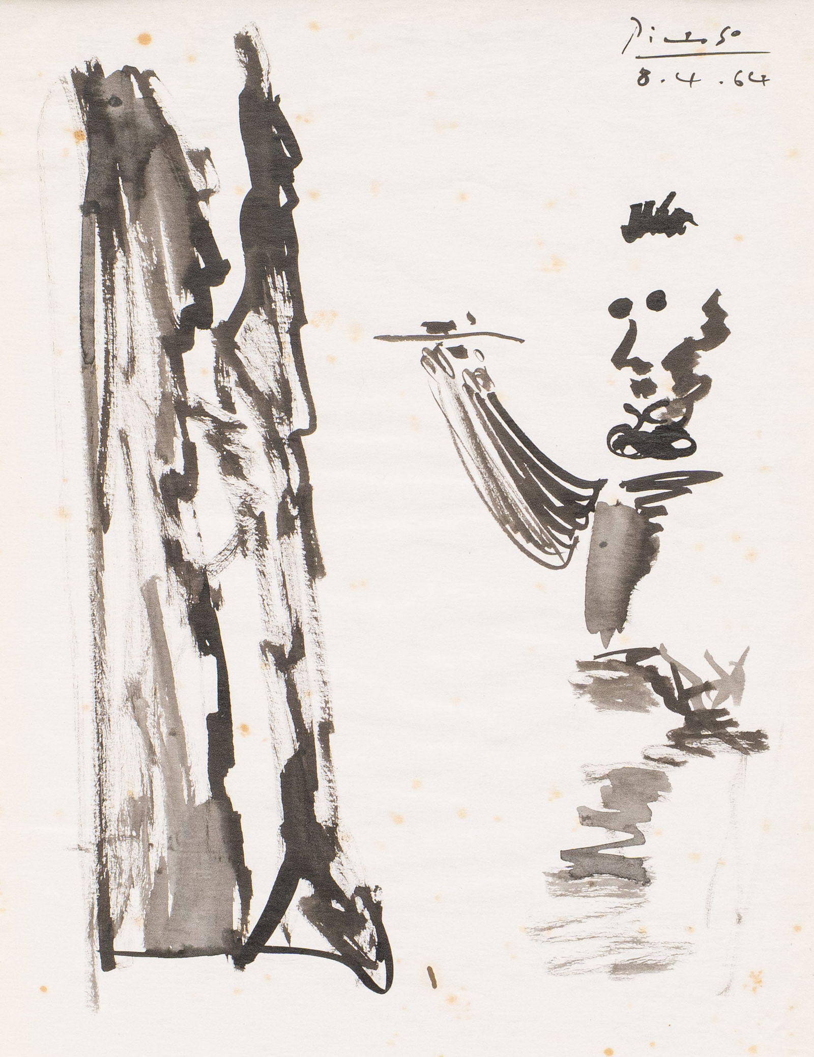 Attrib. Picasso, Artist at Easel, 1964: Signed Pablo Picasso (Spain / France, 1882-1973), authenticity not verified, artist at easel, signed upper right and dated 1964, ink on paper; stamp on the verso from Goldwish W. Gallery (Chicago,