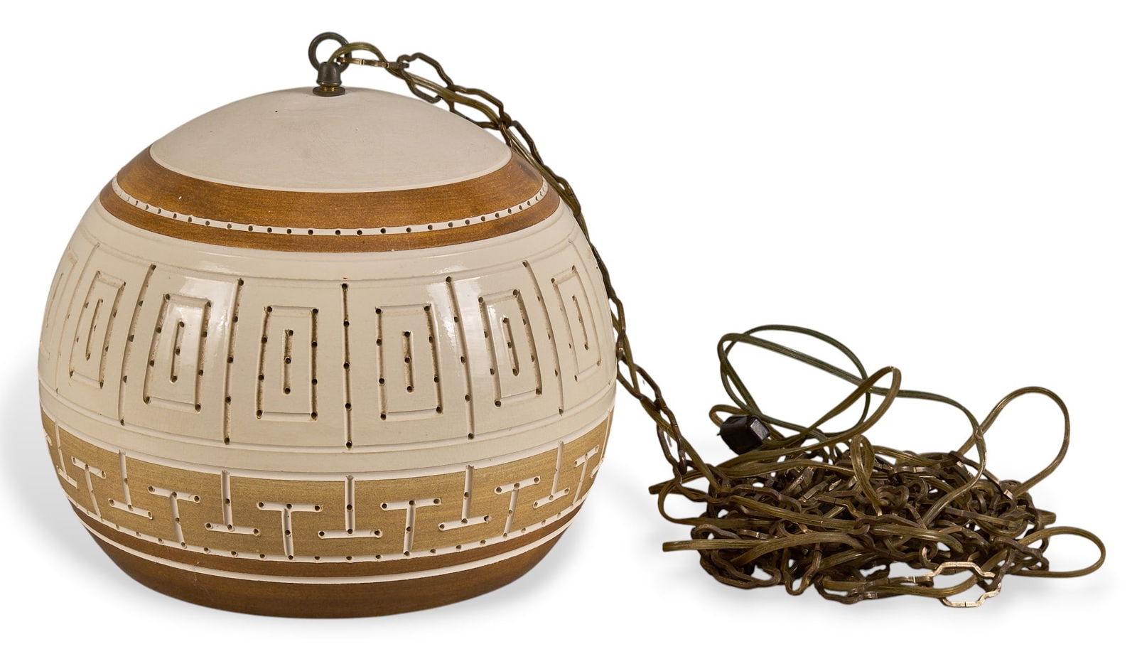 Beaumont Mood Ceramic Pendant Chandelier: Beaumont Mood (San Antonio, Texas) glazed ceramic chandelier with spherical shape, single-bulb fixture, and hanging chain height 12 in. x width 12 in. x depth 12 in. Provenance: Property