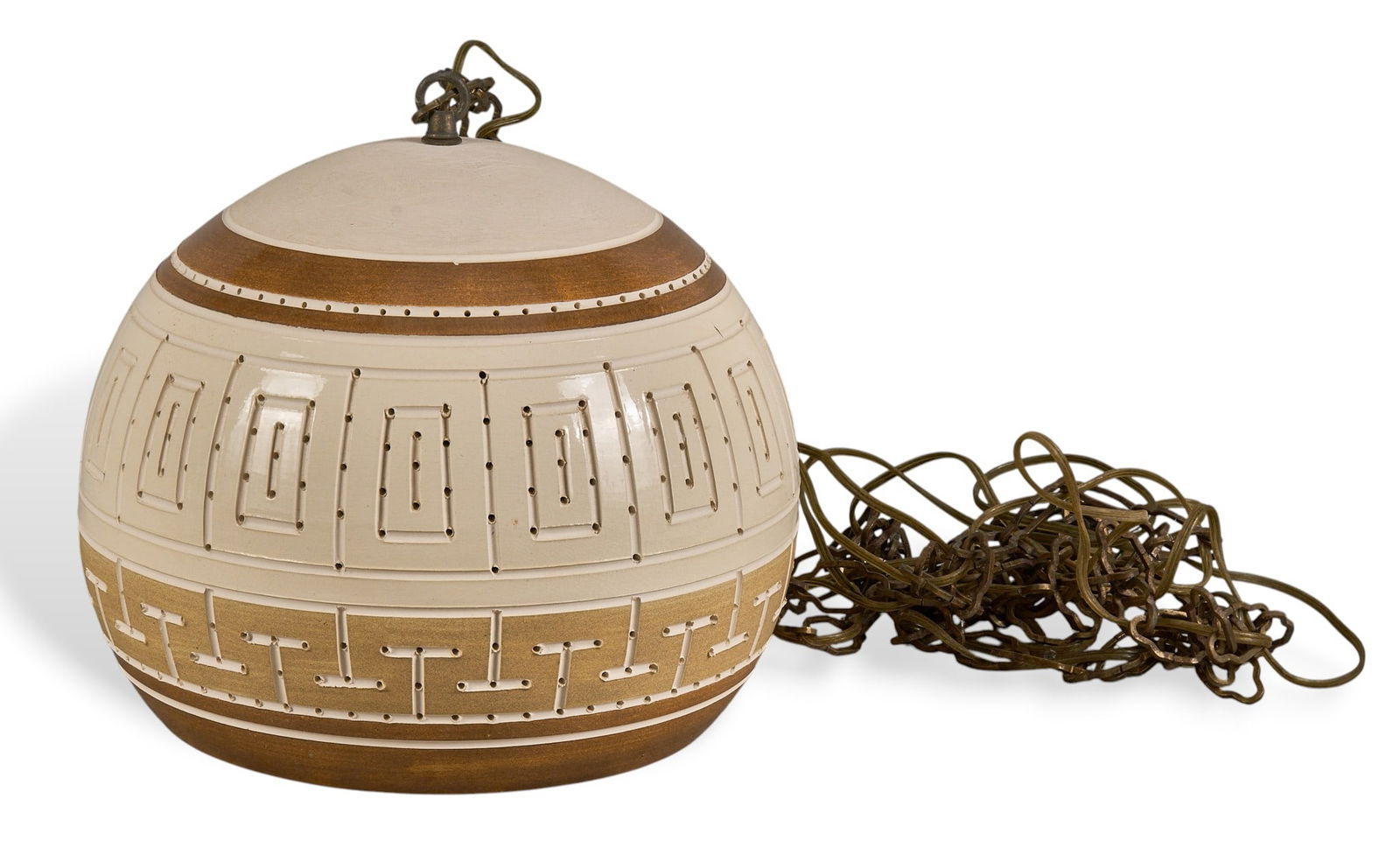 Beaumont Mood Ceramic Pendant Chandelier: Beaumont Mood (San Antonio, Texas) glazed ceramic chandelier with spherical shape, single-bulb fixture, and hanging chain height 12 in. x width 12 in. x depth 12 in. Provenance: Property