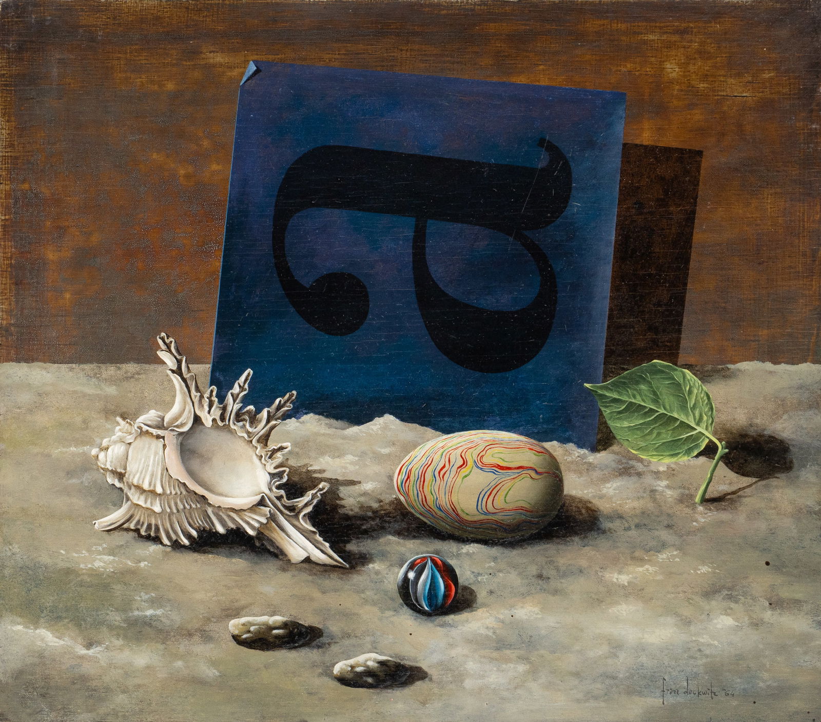 Franz Deckwitz, Still Life with Shell, 1964: Franciscus "Franz" Deckwitz (The Netherlands, 1934-1994), still life scene with enigmatic items including murex shell, glass marble, and letter "A"; oil on wood
