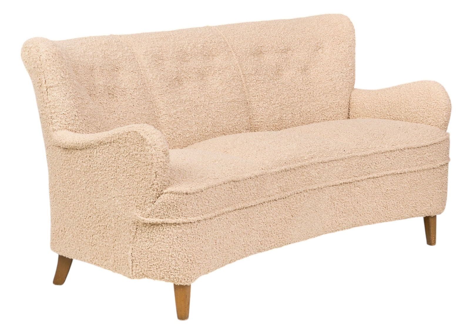 Danish Mid-Century Shaggy Sofa: Danish mid-century sofa with white shaggy upholstery, and firm seat, supported on pin legsheight 33 in. x width 67 in. x depth 34 in. 