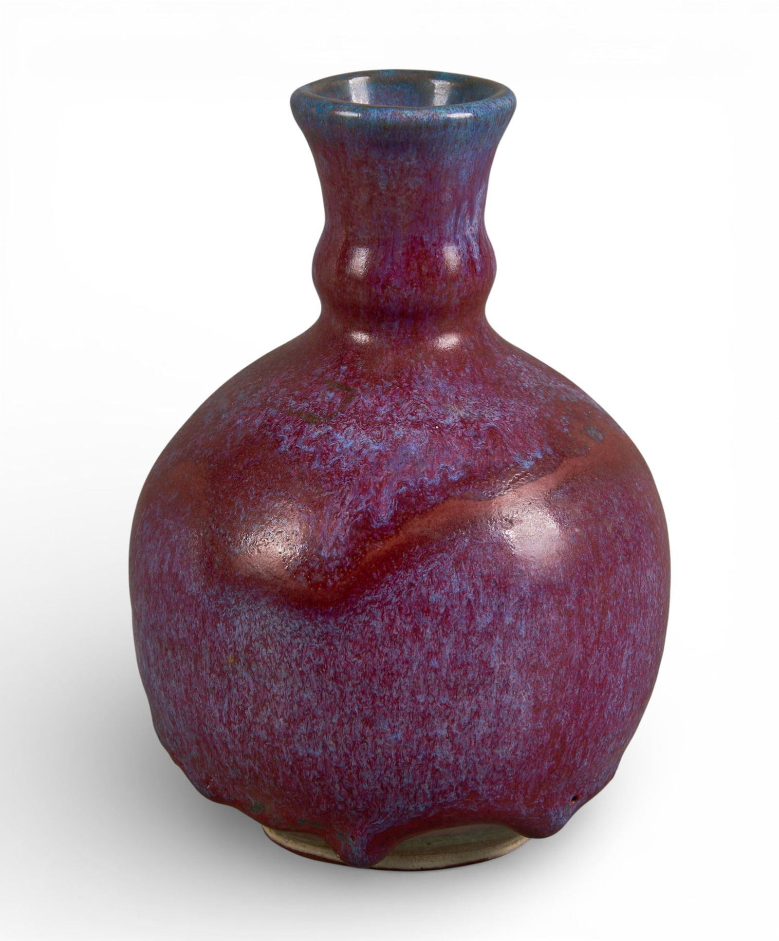 Harding Black, Drip Vessel, 1972: Harding Black (San Antonio, Texas, 1912-2004), rounded vessel with narrowed neck, primarily purple and oxblood drip glaze heavily applied over celadon undercoat seen at edges of base, fired