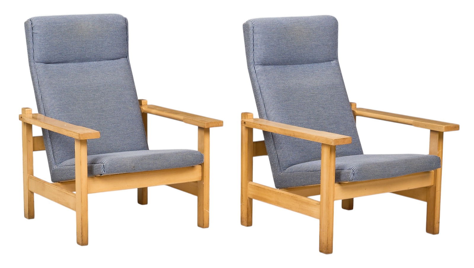 Attrib. Hans J. Wegner for Getama, Pair of Armchairs: Pair of mid-century armchairs attributed to Hans J. Wegner for Getama (Denmark) armchairs with cushioned seats with striped upholstery, supported on block legs height 38.5 in. x width 29 in. x depth 3