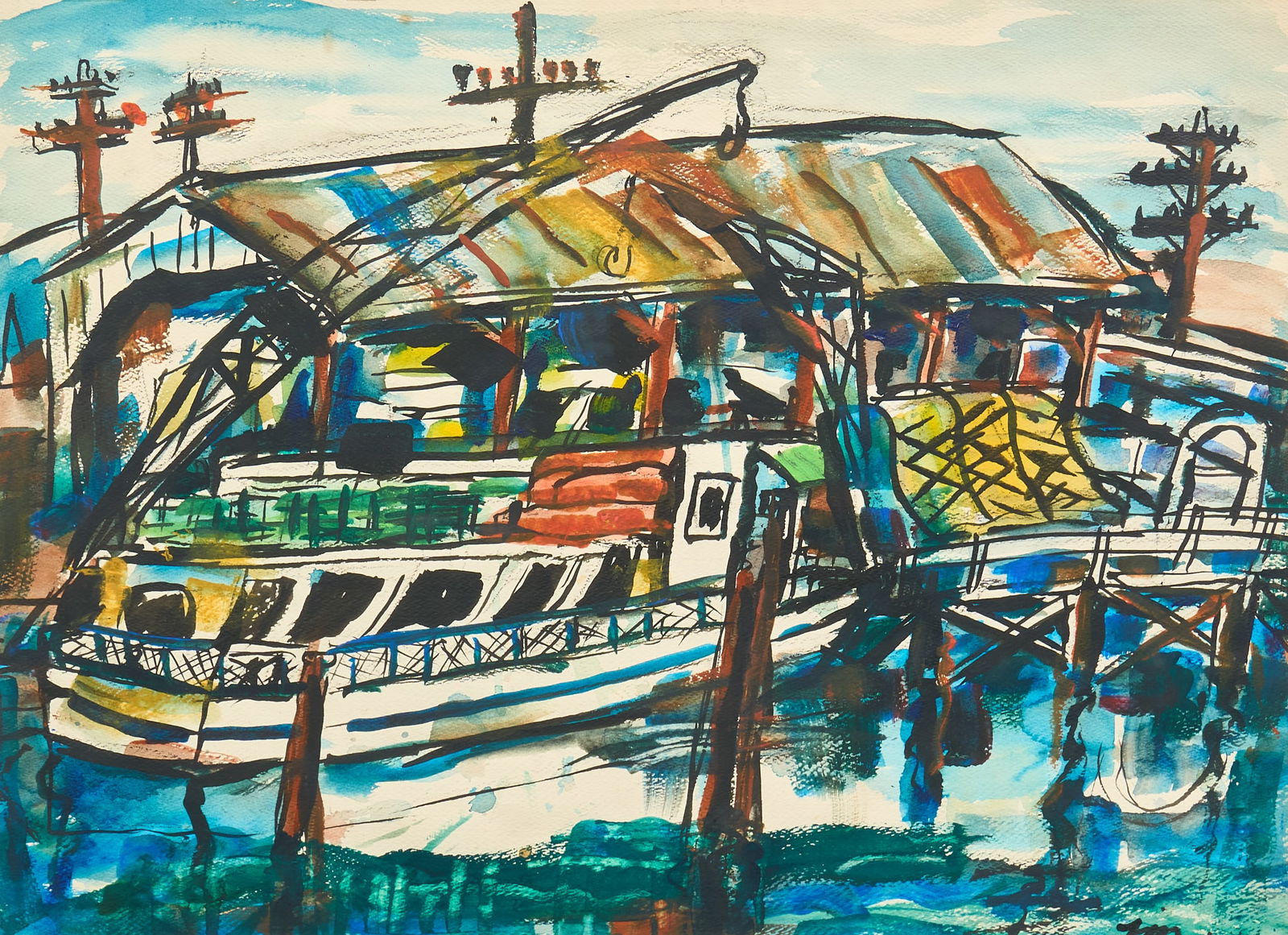 Josephine Mahaffey, Lake Worth Ferry: Josephine Mahaffey (Texas, 1903-1982), Lake Worth ferryboat at dry dock, watercolor and ink on watercolor paper, signed lower rightsight: 22 x 30 in., frame: 29.5 x