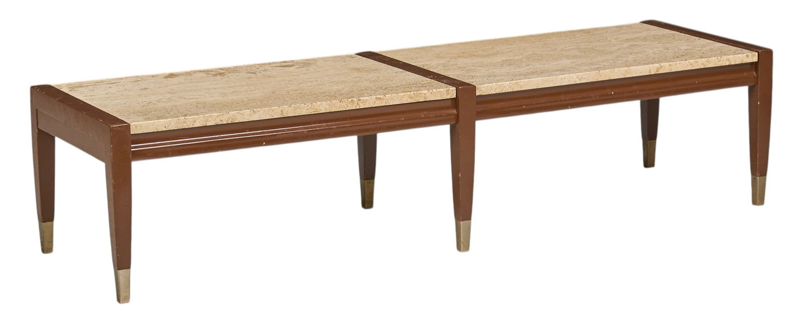 Mid-Century Modern Hallway Table: Mid-century modern hallway table, with wooden frame and stone table tops, raised on tapered block feet height 13 in. x width 57 in. x depth 17.5 in. Provenance: Property from a home in San Antonio, Te