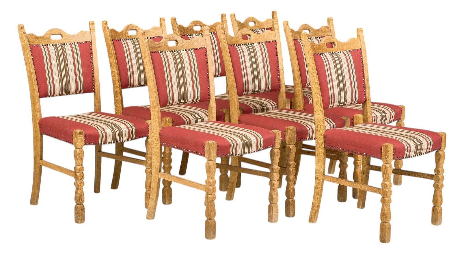 Set of (8) Henning Kjaernulf Mid-Century Dining Chairs: Set of eight Henning Kjaernulf (Denmark) mid-century dining chairs with oak frames, striped fabric upholstery, and sculpted block legsheight 36 in. x width 19 in. x depth 22 in. / each 